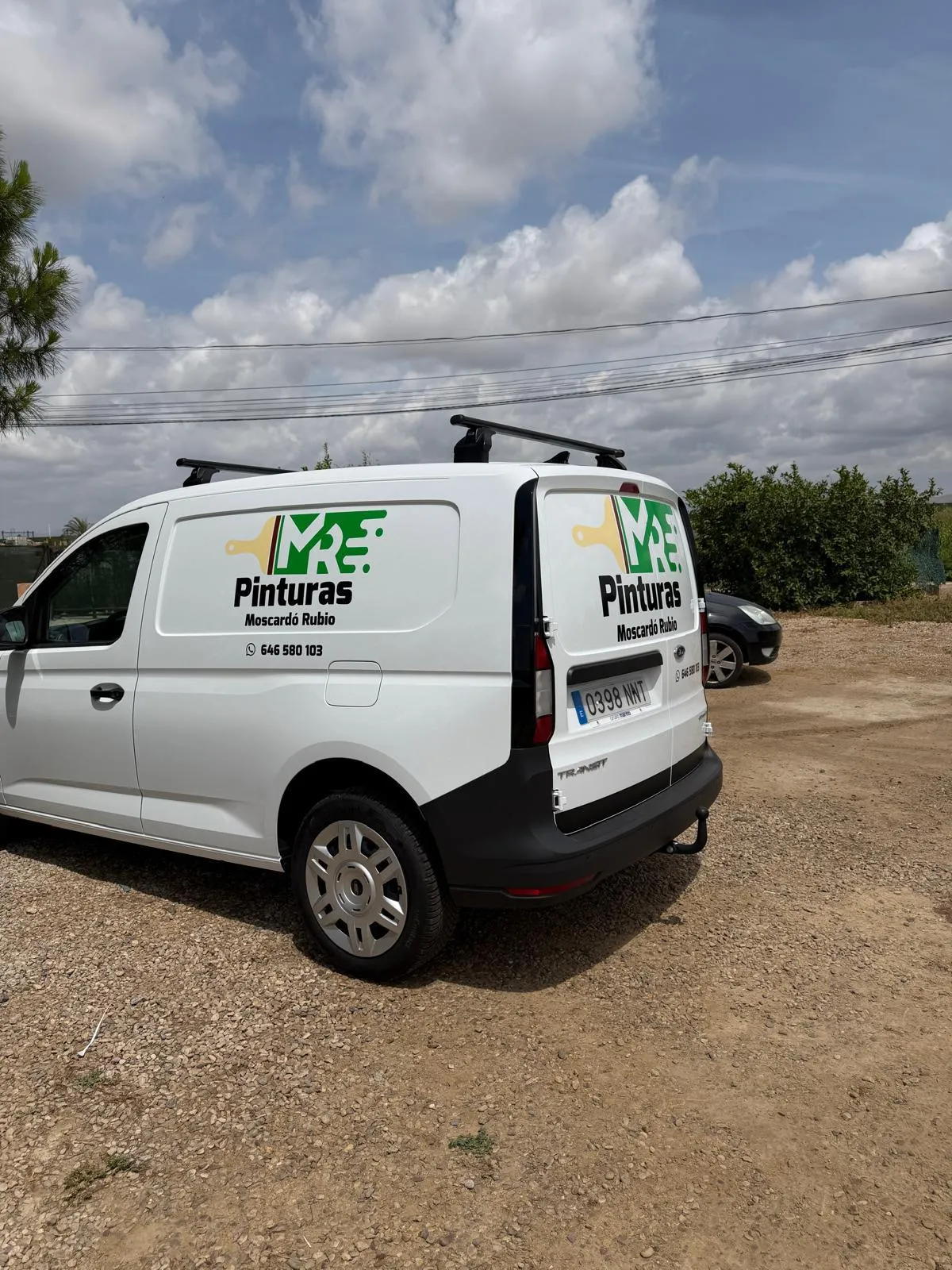 Furgoneta blanca rotulada con el logotipo y los datos de Pinturas Moscardó Rubio en verde y negro